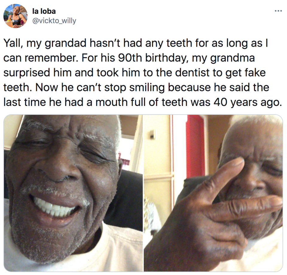 grandpa that got new teeth and is smiling for the first time in 40 years