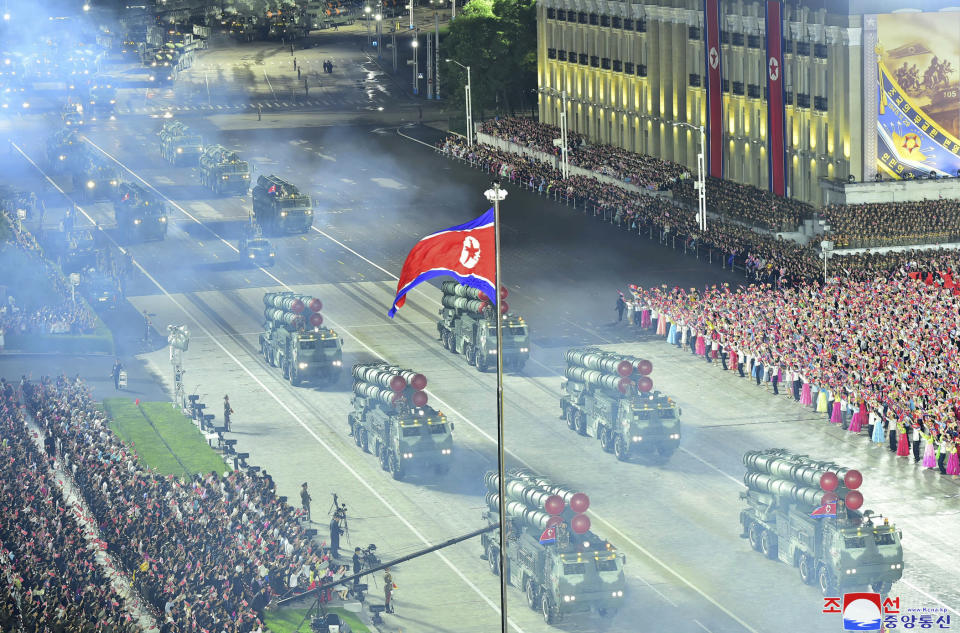 This photo provided by the North Korean government, shows what it says rocket launchers during a military parade to mark the 70th anniversary of the armistice that halted fighting in the 1950-53 Korean War, on Kim Il Sung Square in Pyongyang, North Korea Thursday, July 27, 2023. Independent journalists were not given access to cover the event depicted in this image distributed by the North Korean government. The content of this image is as provided and cannot be independently verified. Korean language watermark on image as provided by source reads: "KCNA" which is the abbreviation for Korean Central News Agency. (Korean Central News Agency/Korea News Service via AP)