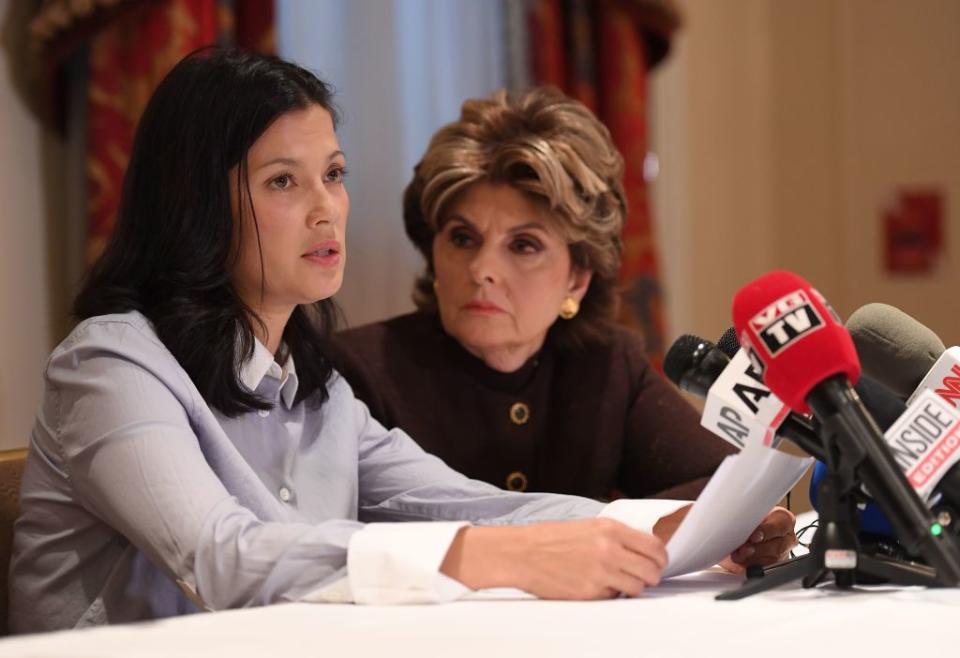 Actor and model Natassia Malthe and attorney Gloria Allred speak at a news conference on Oct. 25, 2017, in New York. (Photo: Angela Weiss/AFP/Getty Images)