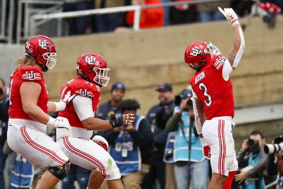 Utah running back Ja’Quinden Jackson (3) celebrates after scoring a touchdown while playing the Penn State Nittany Lions in the 109th Rose Bowl.