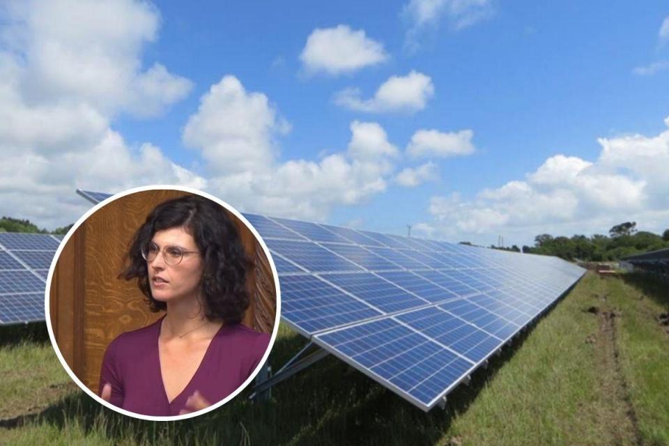 File pic of solar farm and, inset, Layla Moran <i>(Image: Canva)</i>