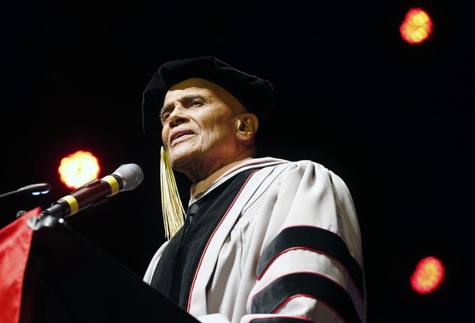 Harry Belafonte speaks after receiving an honorary doctor of music degree from Berklee College of Music at the Berklee Performance Center in Boston, Thursday, March 6, 2014. (AP Photo/Michael Dwyer)