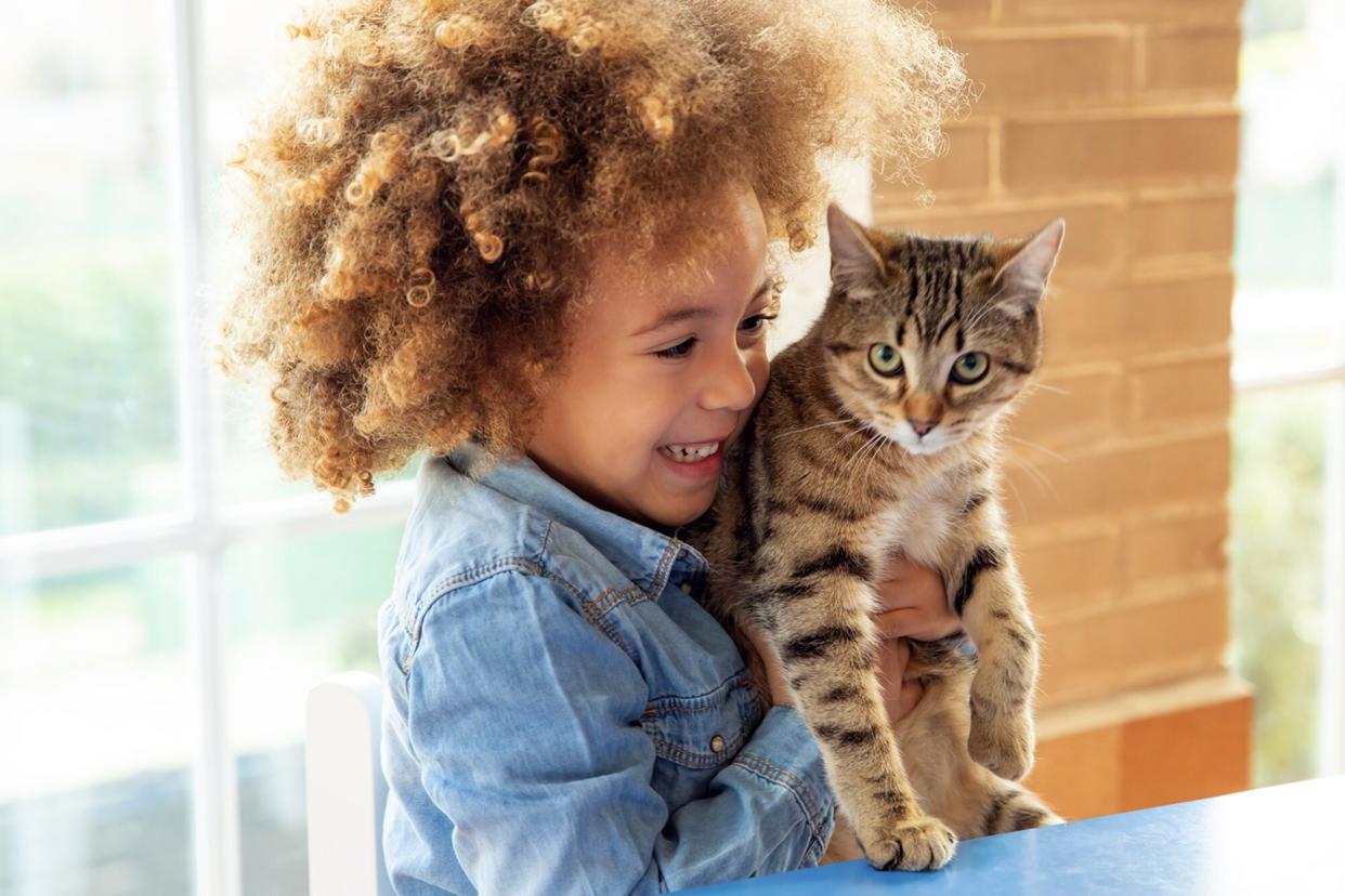 girl holding tabby cat