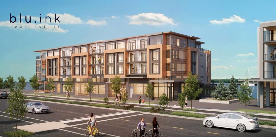 A rendering shows the expected design of the luxury Waterfront Living condos in Bellingham, Wash. The first two buildings were expected to be completed by the end of 2023 but the developer defaulted on its contract.