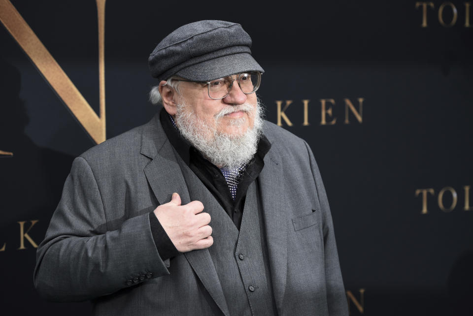 Author George R.R. Martin poses at the premiere of the film "Tolkien" at the Regency Village Theatre, Wednesday, May 8, 2019, in Los Angeles. The film explores the formative years of J.R.R. Tolkien, author of the classic fantasy novels "The Hobbit" and "The Lord of the Rings." (Photo by Chris Pizzello/Invision/AP)