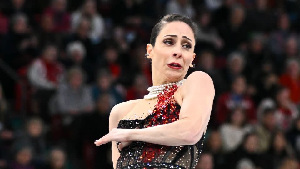 Deschamps and Stellato-Dudek perform a throw triple jump during the 2024 world championships. They skated to music from "Interview with the Vampire," hence the blood-stain designs in their costumes. - Minas Panagiotakis/Getty Images