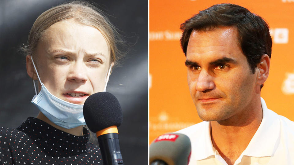 Activist Greta Thunberg (pictured left) speaking at a rally and Roger Federer (pictured right) speaking at a media conference.