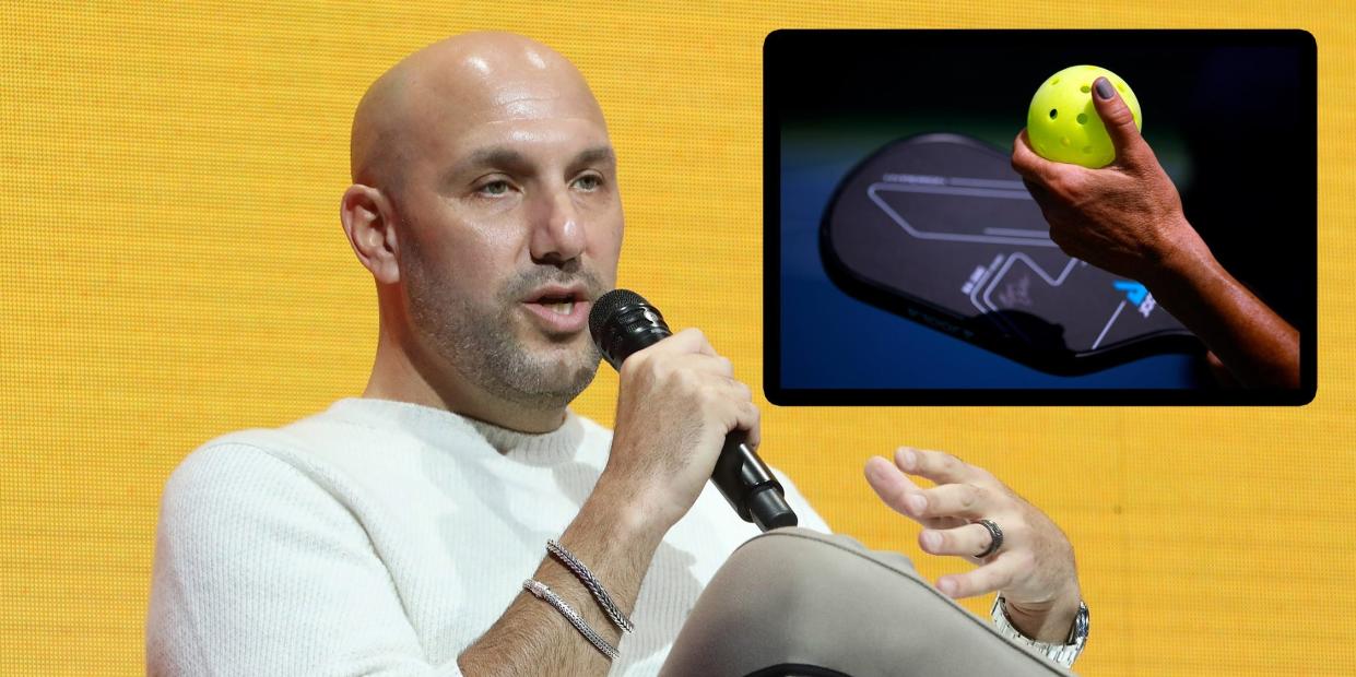 Rich Kleiman speaks at an event while a bubble shows a pickleball paddle and ball.