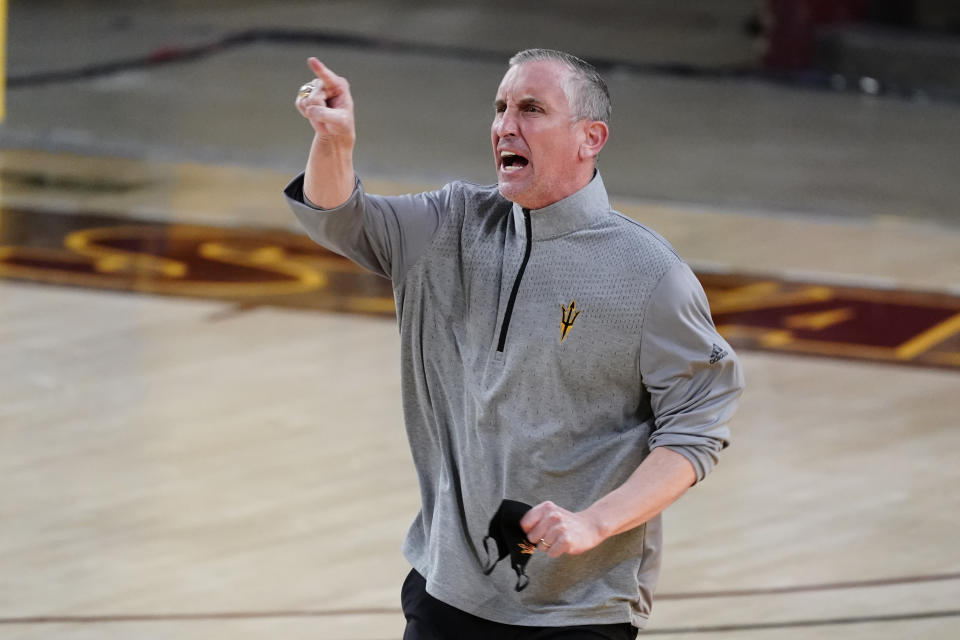 Arizona State head coach Bobby Hurley reacts to a call during the second half of an NCAA college basketball game against Washington, Thursday, Feb. 25, 2021, in Tempe, Ariz. (AP Photo/Rick Scuteri)