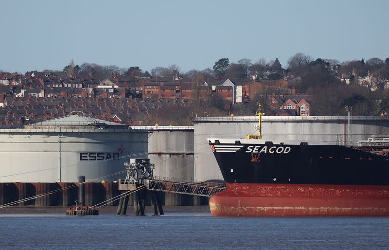 FILE PHOTO: The German flagged tanker 'Seacod' berths at the Tranmere Oil Terminal on the River Mersey near Liverpool, Britain