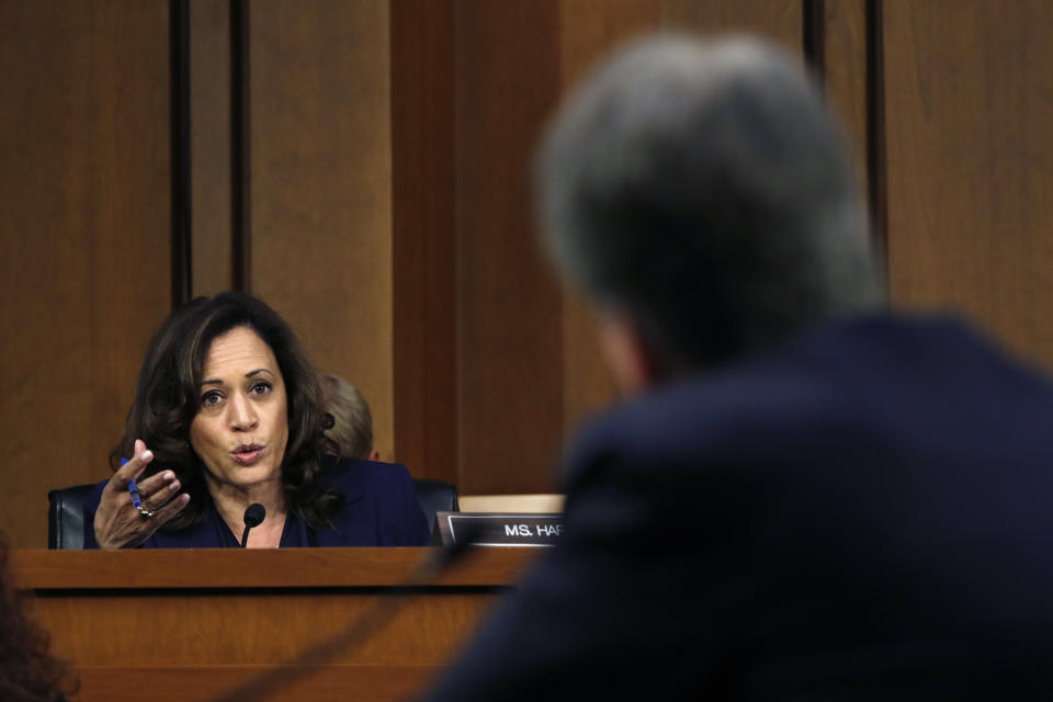 Sen. Kamala Harris, D-Calif., left, questions Supreme Court nominee Brett Kavanaugh during his confirmation hearing, Sept. 5, 2018. (AP Photo/Jacquelyn Martin)