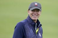 Team USA captain Steve Stricker smiles during a practice day at the Ryder Cup at the Whistling Straits Golf Course Tuesday, Sept. 21, 2021, in Sheboygan, Wis. (AP Photo/Charlie Neibergall)