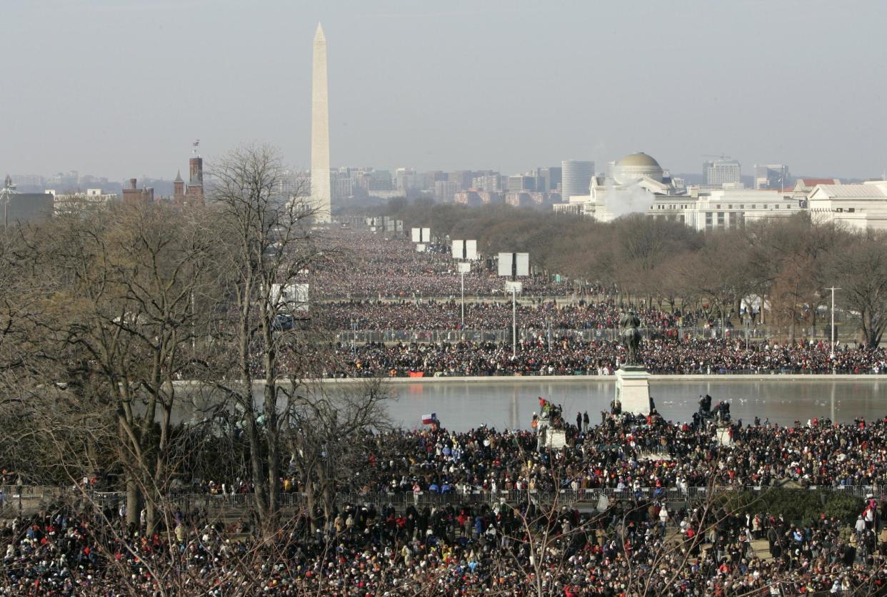 The National Park Service retweet a tweet comparing the crowds that turned out for Mr Obama's inauguration (above) with the numbers gathered for Mr Trump's swearing in on Friday: REUTERS/Jim Bourg