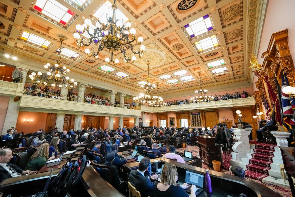 Inside the Ohio House on May 10, arguments are made for and against a resolution that would create an August special election to decide whether to increase the threshold to approve an amendment to the Ohio Constitution to 60% from the current 50% plus one vote as has been the requirement since 1912.  Ultimately, Ohio's Republican-controlled state government put the issue on the ballot Aug. 8.