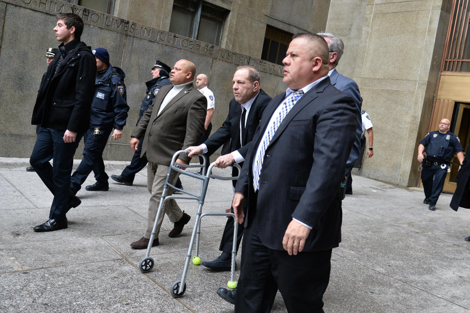 Former movie mogul Harvey Weinstein is seen leaving New York City Criminal Court with a walker.