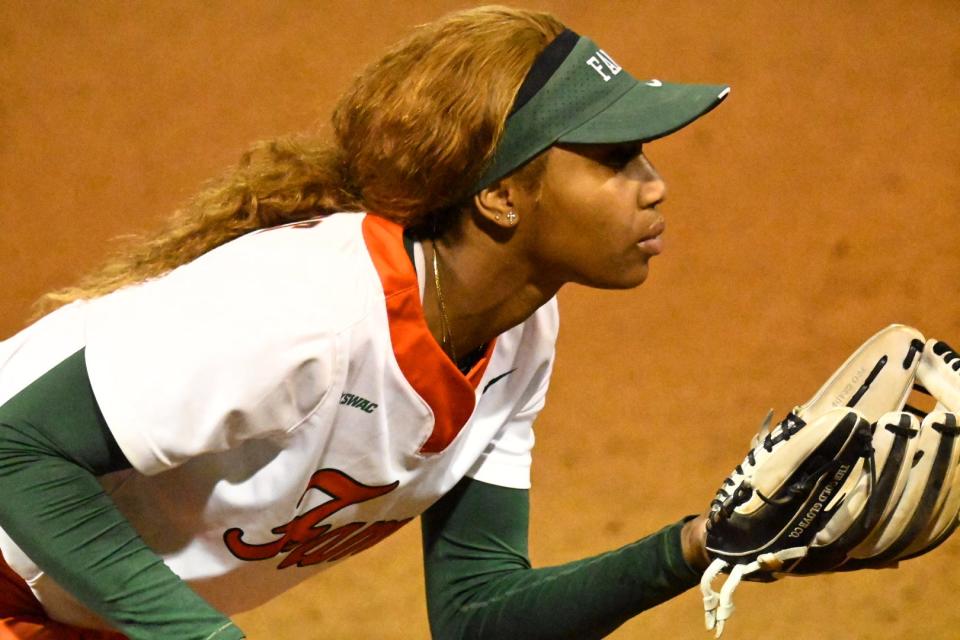 Florida A&M softball infielder Amaya Gainer prepares for a play in game against Florida State at JoAnne Graf Field in Tallahassee, Florida, Tuesday, Feb. 14, 2023