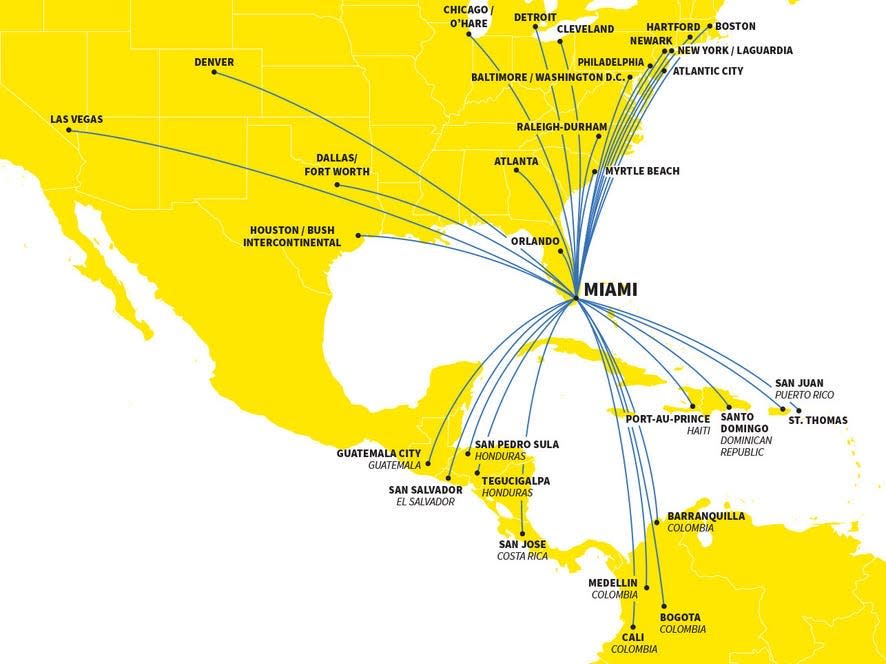Spirit's route map out of Miami with flights across the US, Mexico, the Caribbean, Central America, and South America.