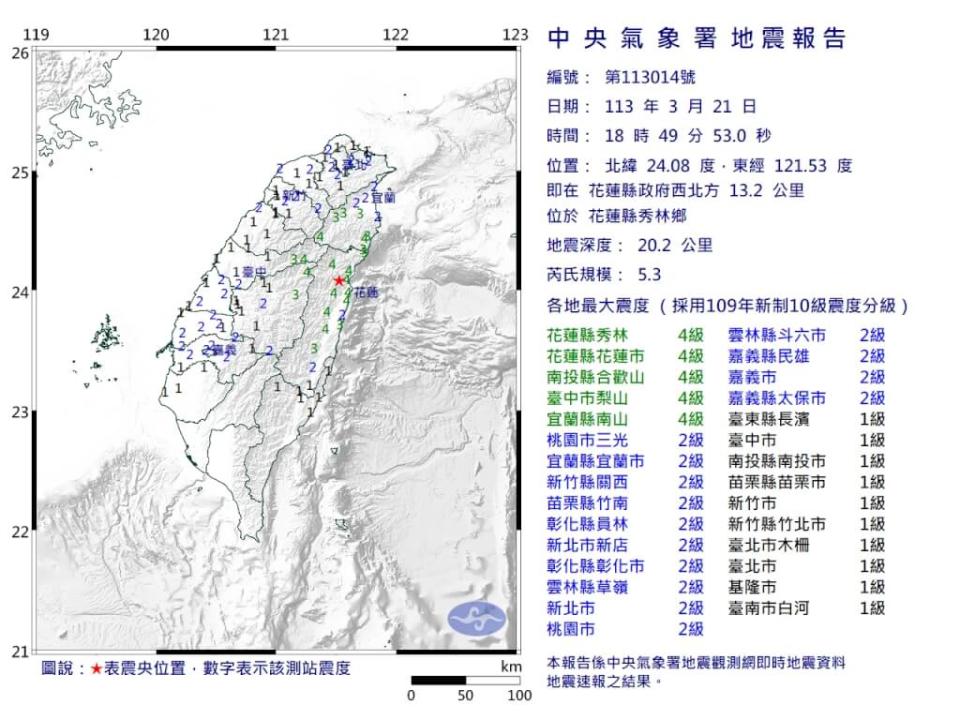 花蓮21日晚間6點49分發生芮氏規模5.3地震，地震深度20.2公里。（圖：氣象署提供）