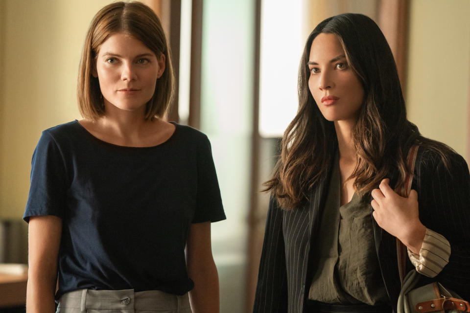 Myfanwy Thomas (Emma Greenwell, left) and Monica Reed (Olivia Munn, right) in a scene from Starz original series The Rook