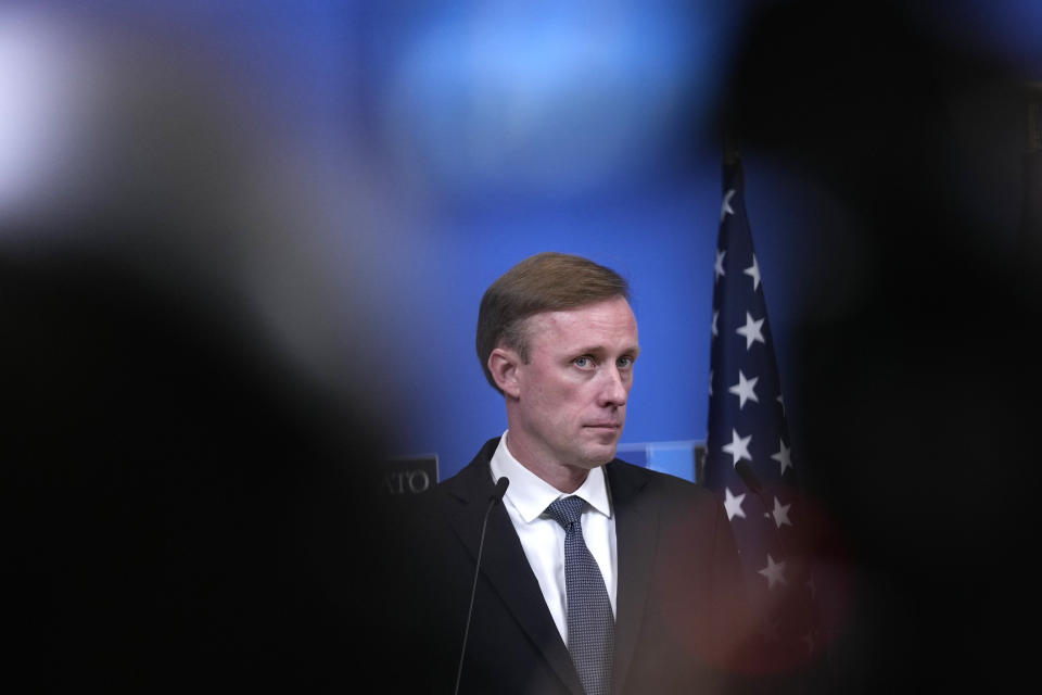 United States National Security Advisor Jake Sullivan addresses a media conference at NATO headquarters in Brussels, Wednesday, Feb. 7, 2024. (AP Photo/Virginia Mayo)
