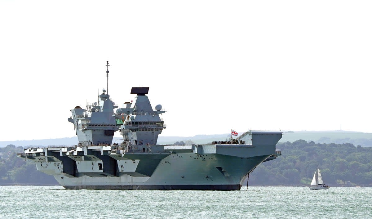 Aircraft carrier HMS Prince of Wales sits off the coast of Gosport, Hampshire, after it suffered a propeller shaft malfunction. The GBP 3 billion warship left Portsmouth Naval Base on Saturday before an “emerging mechanical issue” occurred off the south-east coast of the Isle of Wight. Picture date: Tuesday August 30, 2022. (Gareth Fuller/PA Wire) (PA Wire)