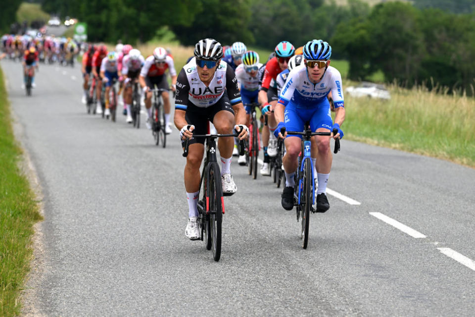 CRESTVOLAND FRANCE  JUNE 09 LR Matteo Trentin of Italy and UAE Team Emirates and Lawson Craddock of The United States and Team Jayco AlUla attack during the 75th Criterium du Dauphine 2023 Stage 6 a 1702km stage from Nantua to CrestVoland 1218m  UCIWT  on June 09 2023 in CrestVoland France Photo by Dario BelingheriGetty Images