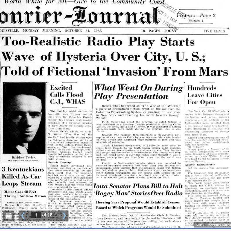 The Oct. 31, 1938, front page of the (Louisville, Kentucky) Courier-Journal the morning after Orson Welles' "War of the Worlds" broadcast.