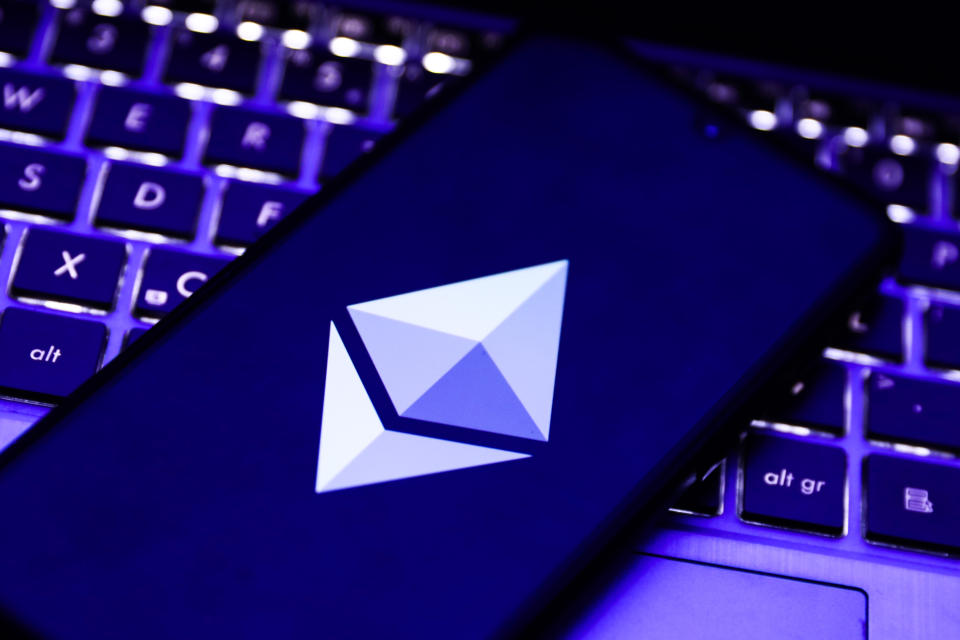 Ethereum cryptocurrency logo is displayed on a mobile phone screen photographed for illustration photo. Krakow, Poland on May 12, 2021.  (Photo by Beata Zawrzel/NurPhoto via Getty Images)