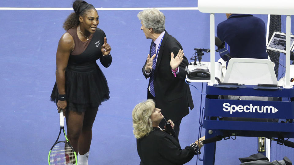 Serena Williams argues with US Open head referee Brian Earley after problems with chair umpire Carlos Ramos. (Photo by Jean Catuffe/Getty Images)