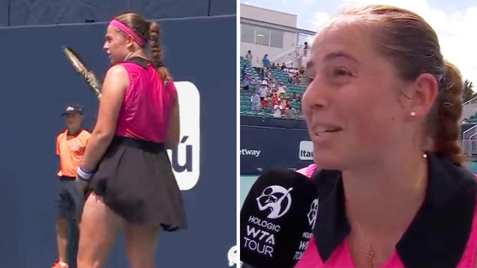 Jelena Ostapenko reacts to the crowd and Ostapenko conducts an interview.