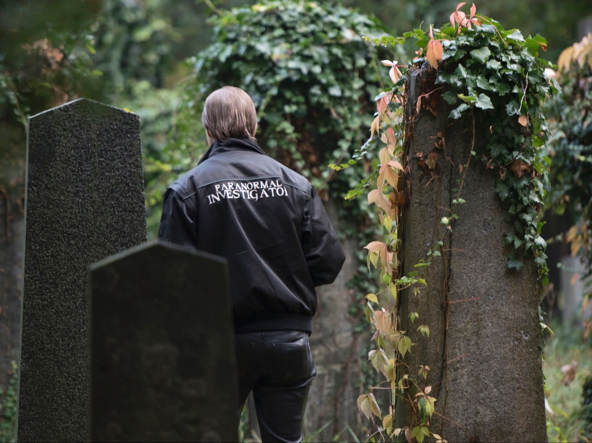 ‘Paranormal Investigator’ Dominik Creazzi from Vienna Ghosthunters looks for paranormal activity at Vienna Central Cemetery on 20 October 2016 (JOE KLAMAR/AFP via Getty Images)