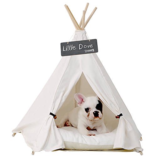 little dove Pet Teepee Dog(Puppy) & Cat Bed - Portable Pet Tents & Houses for Dog(Puppy) & Cat Beige Color 24 Inch with Thick Cushion (Amazon / Amazon)