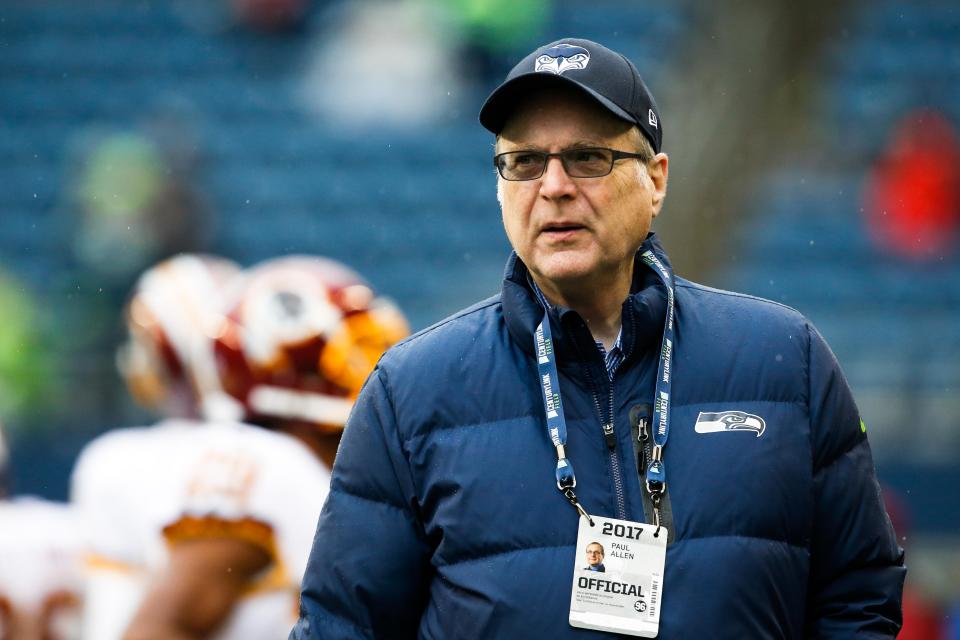 Seattle Seahawks owner Paul Allen watches pregame warmups against the Washington Redskins at CenturyLink Field on Nov 5, 2017.