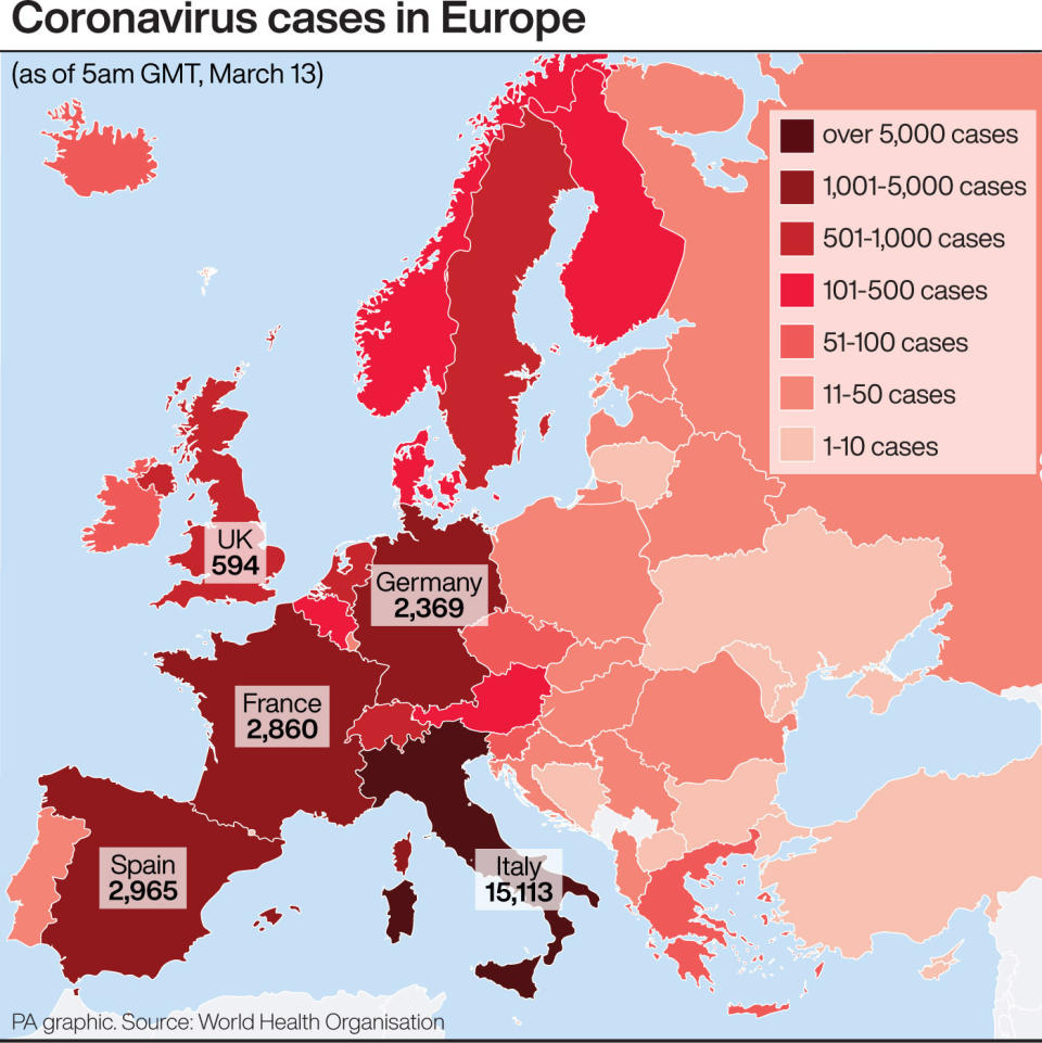 A breakdown of the number of coronavirus cases in Europe, as of Friday morning. (Picture: PA Graphics)