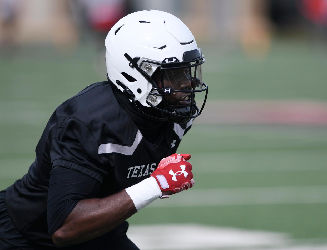 Texas Tech's Steve Linton does a drill during football practice, Tuesday, March 21, 2023, at Sports Performance Center. 