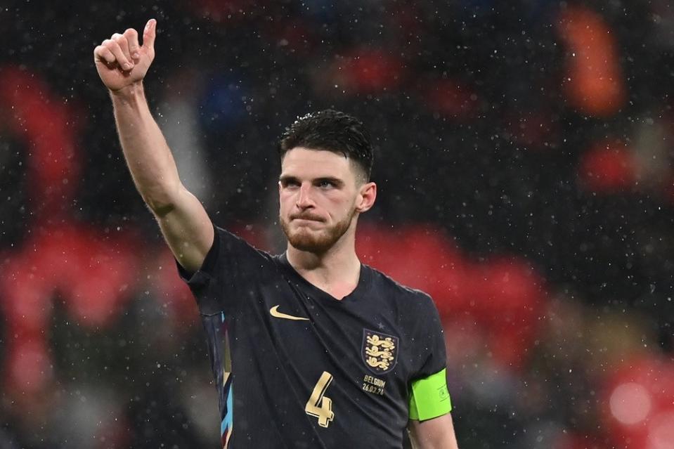 England's Declan Rice reacts at the end of the International friendly football match between England and Belgium at Wembley stadium, in London, on March 26, 2024. (Photo by GLYN KIRK/AFP via Getty Images)