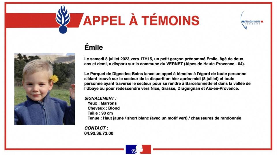 A call for witnesses for Emile, a missing boy, who disappeared on July 8, 2023 in Le Vernet, southeastern France (@GendarmerieNationale_Twitter/AF)