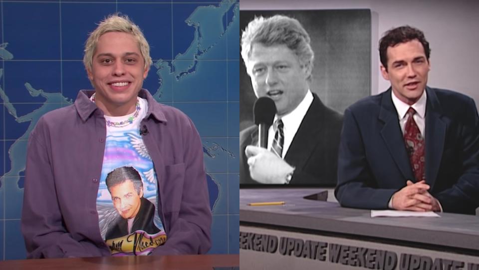 Pete Davidson wearing a Norm Macdonald t-shirt next to a photo of SNL's Macdonald hosting Weekend Update