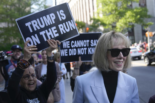 E. Jean Carroll leaves federal court in New York, Monday, May 8, 2023. A jury heard closing arguments from a lawyer for the advice columnist who says Donald Trump sexually attacked her in a department store in 1996. (AP Photo/Seth Wenig)