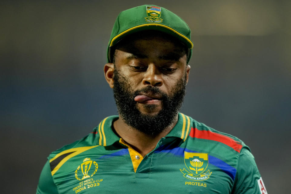 South Africa's captain Temba Bavuma reacts while fielding during the ICC Men's Cricket World Cup second semifinal match between Australia and South Africa in Kolkata, India, Thursday, Nov. 16, 2023. (AP Photo/Mahesh Kumar A.)