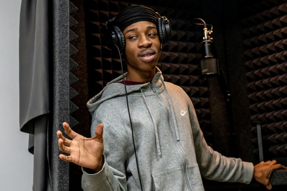 The Black Lives Matter Youth Center in Paterson, NJ offers a variety of free programs to young Paterson residents including a recording studio. Kah Thomas, 23, lays down a track on Saturday, March 4, 2023. 