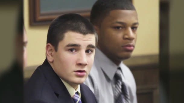 Trent Mays left, and Ma'lik Richmond sit in court on the third day of their trial for an alleged rape. (AP)