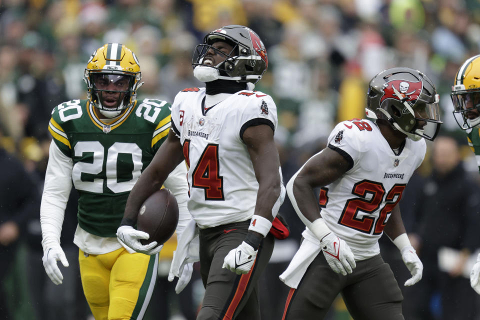 Tampa Bay Buccaneers wide receiver Chris Godwin (14) celebrates in front of Green Bay Packers safety Rudy Ford (20) after catching a pass for a first down during the first half of an NFL football game, Sunday, Dec. 17, 2023, in Green Bay, Wis. (AP Photo/Matt Ludtke)