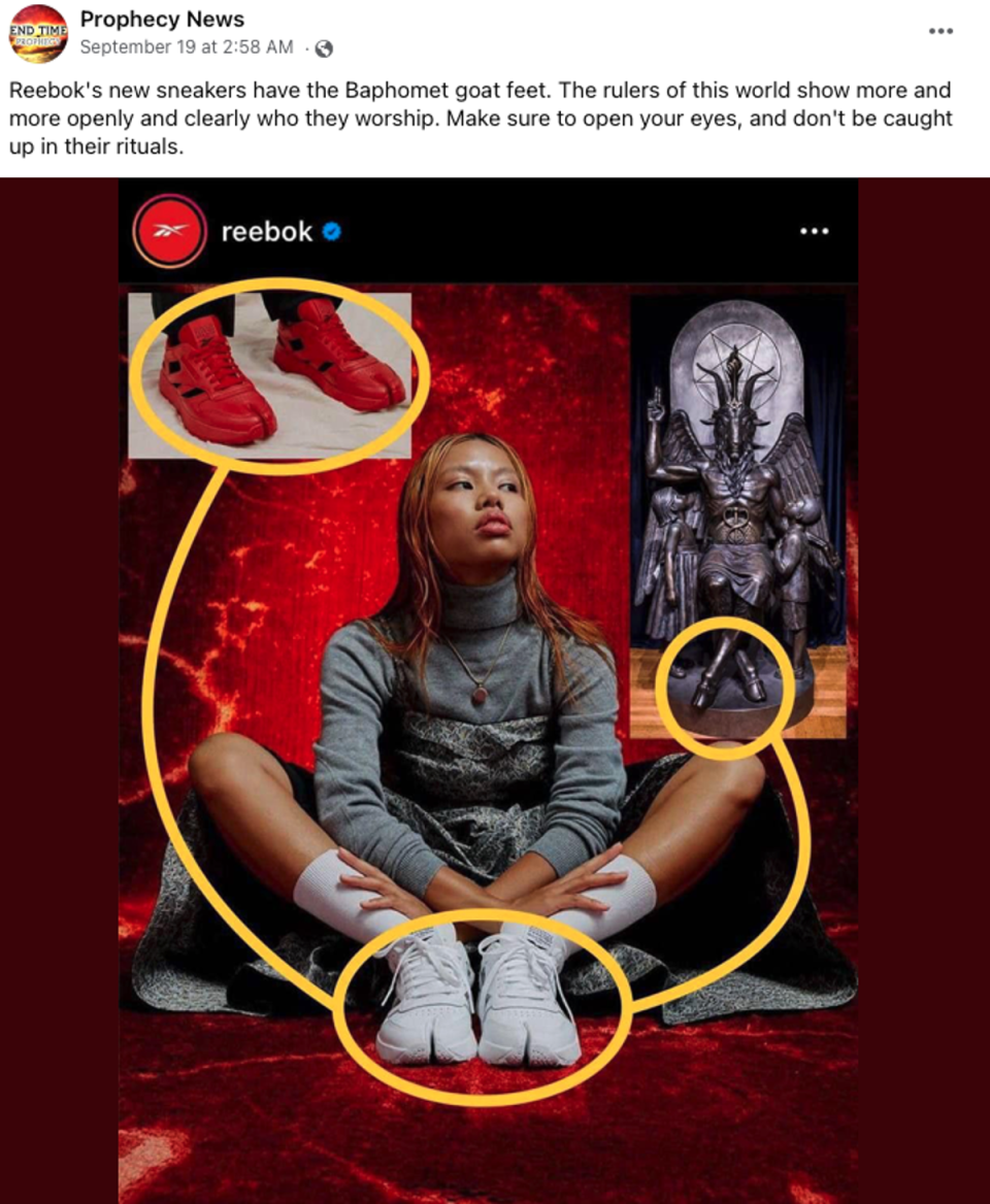 Conspiracy group claims Reebok shoes were designed to resemble ‘Baphomet goat feet’ (Facebook / Prophecy News)