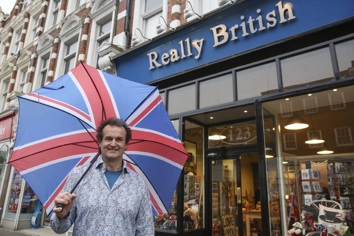 Chris Ostwald, 54, outside his 'Really British' store in Muswell Hill, north London (SWNS)