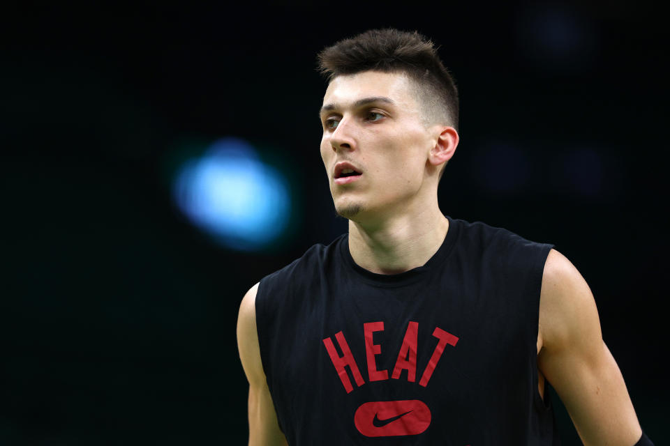 BOSTON, MASSACHUSETTS - MAY 21: Tyler Herro #14 of the Miami Heat warms up before Game Three of the 2022 NBA Playoffs Eastern Conference Finals against the Boston Celtics at TD Garden on May 21, 2022 in Boston, Massachusetts. NOTE TO USER: User expressly acknowledges and agrees that, by downloading and/or using this photograph, User is consenting to the terms and conditions of the Getty Images License Agreement.  (Photo by Elsa/Getty Images)