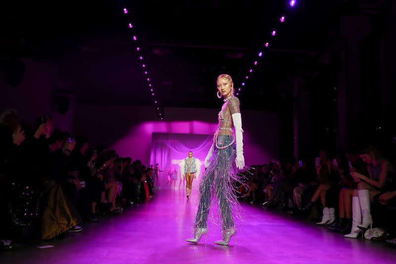 A model presents a creation from the Blonds Fall 2020 collection during New York Fashion Week