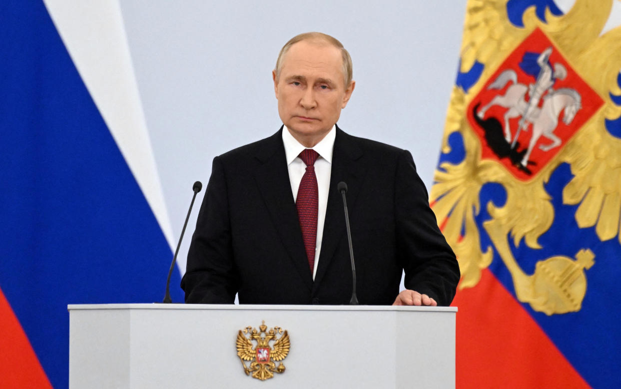 Russian President Vladimir Putin attends a ceremony to declare the annexation of the Russian-controlled territories of four Ukraine's Donetsk, Luhansk, Kherson and Zaporizhzhia regions, after holding what Russian authorities called referendums in the occupied areas of Ukraine that were condemned by Kyiv and governments worldwide, in the Georgievsky Hall of the Great Kremlin Palace in Moscow, Russia, September 30, 2022. Sputnik/Grigory Sysoyev/Pool via REUTERS ATTENTION EDITORS - THIS IMAGE WAS PROVIDED BY A THIRD PARTY.