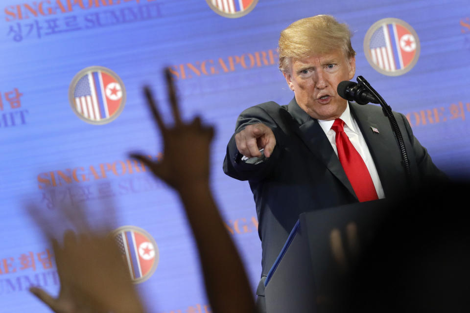 U.S. President Donald Trump answers questions about the summit with North Korea leader Kim Jong Un during a press conference at the Capella resort on Sentosa Island Tuesday, June 12, 2018, in Singapore. Trump and Kim are planning a second summit in the Vietnam capital of Hanoi, Feb. 27-28. (AP Photo/Wong Maye-E, File)