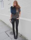Millie pairs a Virgos Lounge beated top with skinny black River Island jeans and a fur cuff by Charlotte Simone.
